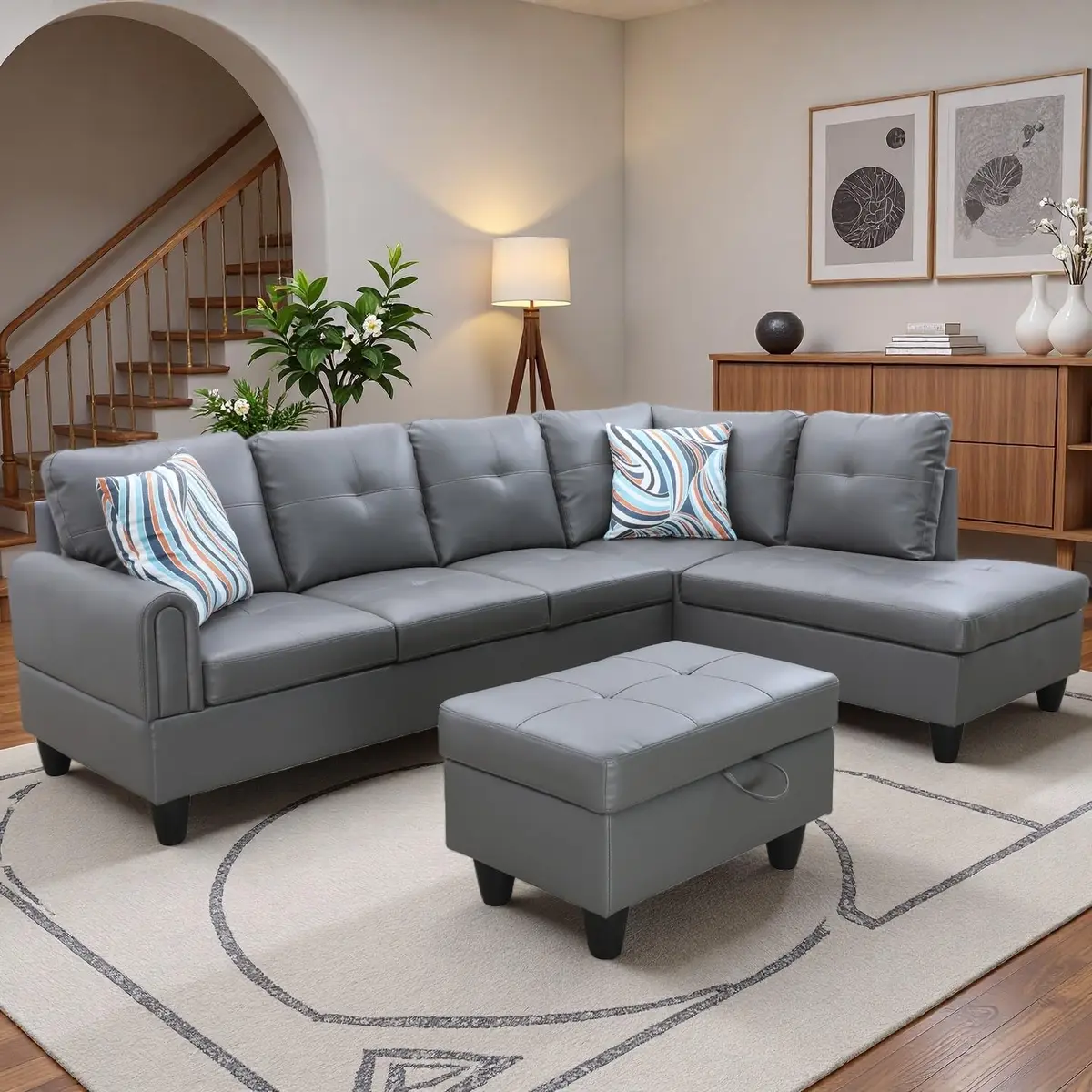 Topcomfy Leather L-Shaped Couch Set, 97.5" L x 69.5" W in Grey | Modular, Skin-Friendly, Durable - view 5