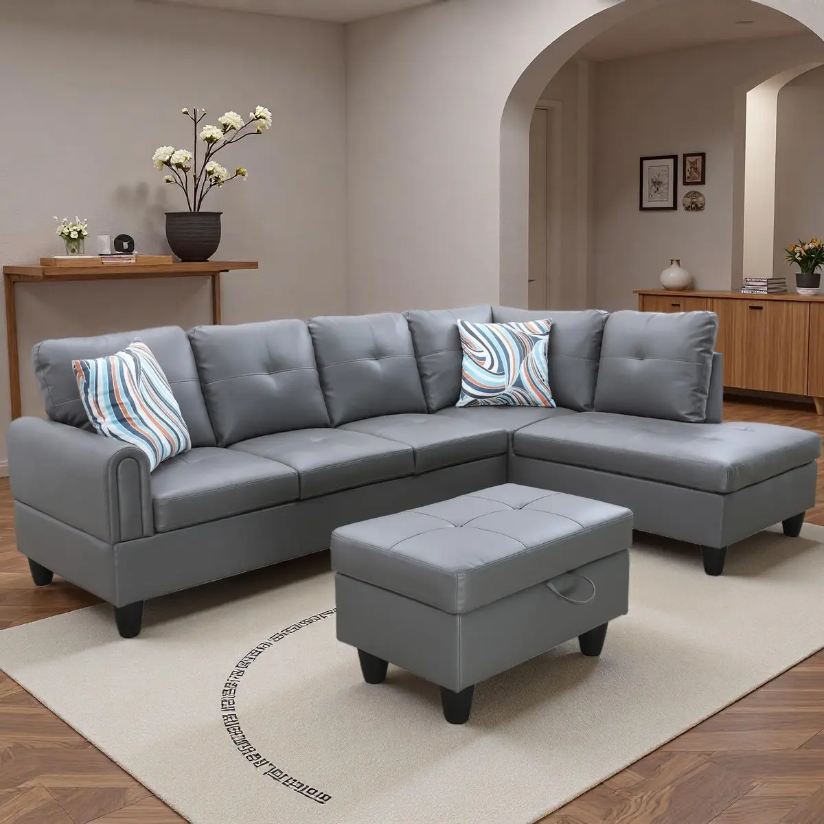 Topcomfy Leather L-Shaped Couch Set, 97.5" L x 69.5" W in Grey | Modular, Skin-Friendly, Durable - view 6