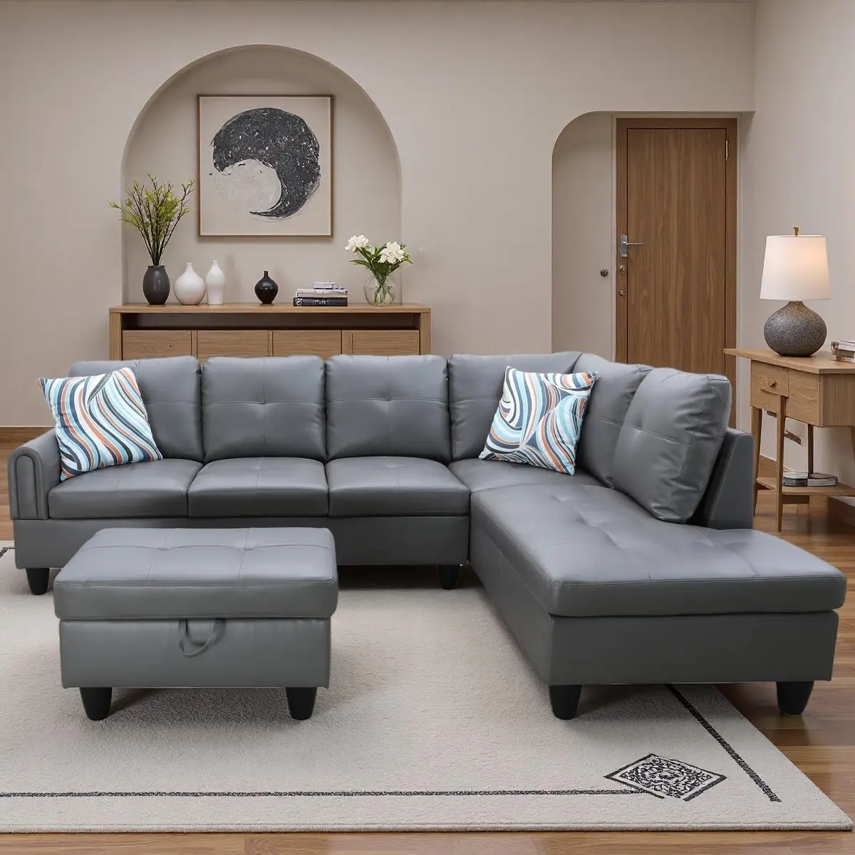 Topcomfy Leather L-Shaped Couch Set, 97.5" L x 69.5" W in Grey | Modular, Skin-Friendly, Durable - view 7