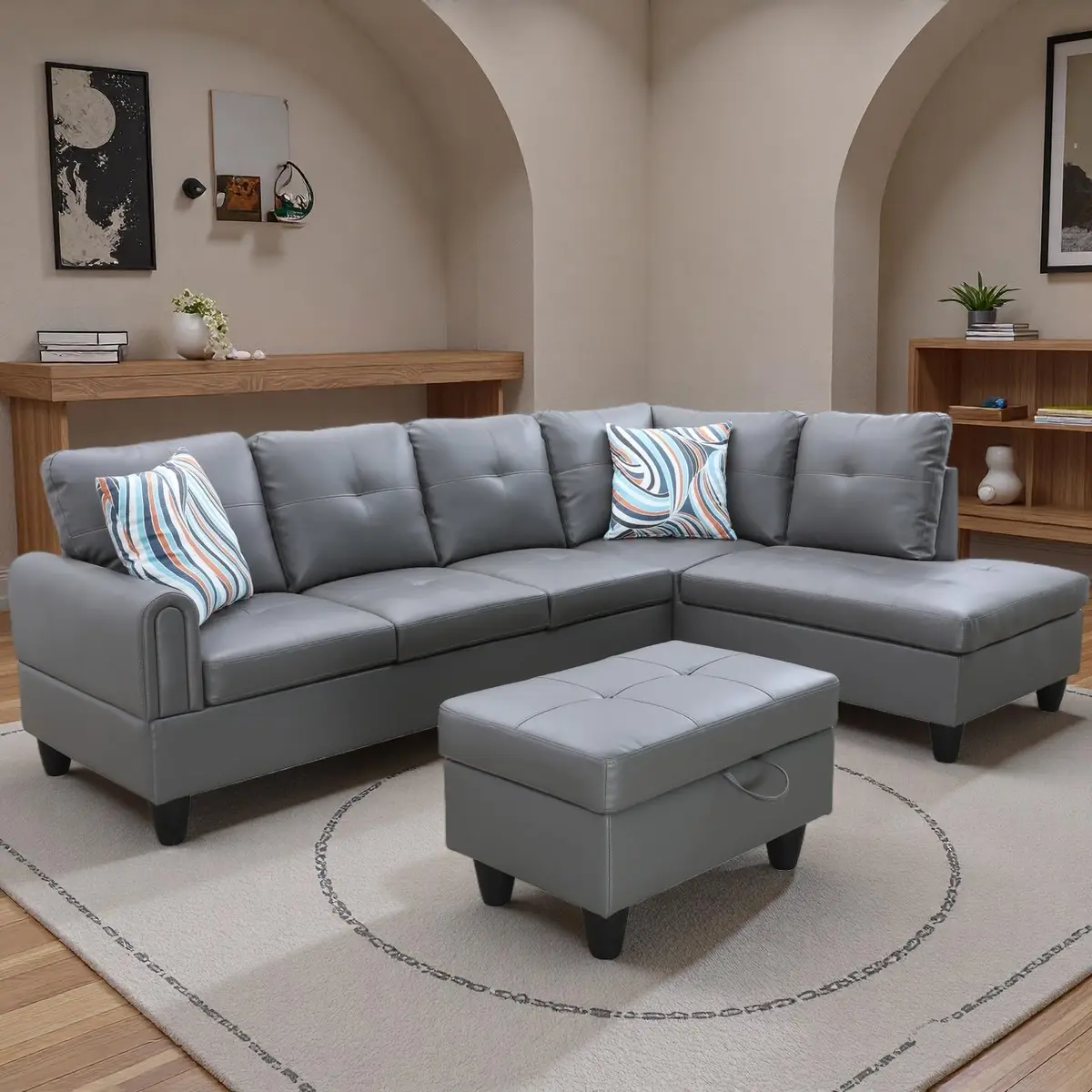Topcomfy Leather L-Shaped Couch Set, 97.5" L x 69.5" W in Grey | Modular, Skin-Friendly, Durable - view 8