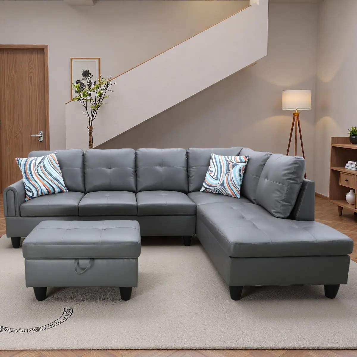 Topcomfy Leather L-Shaped Couch Set, 97.5" L x 69.5" W in Grey | Modular, Skin-Friendly, Durable - view 9