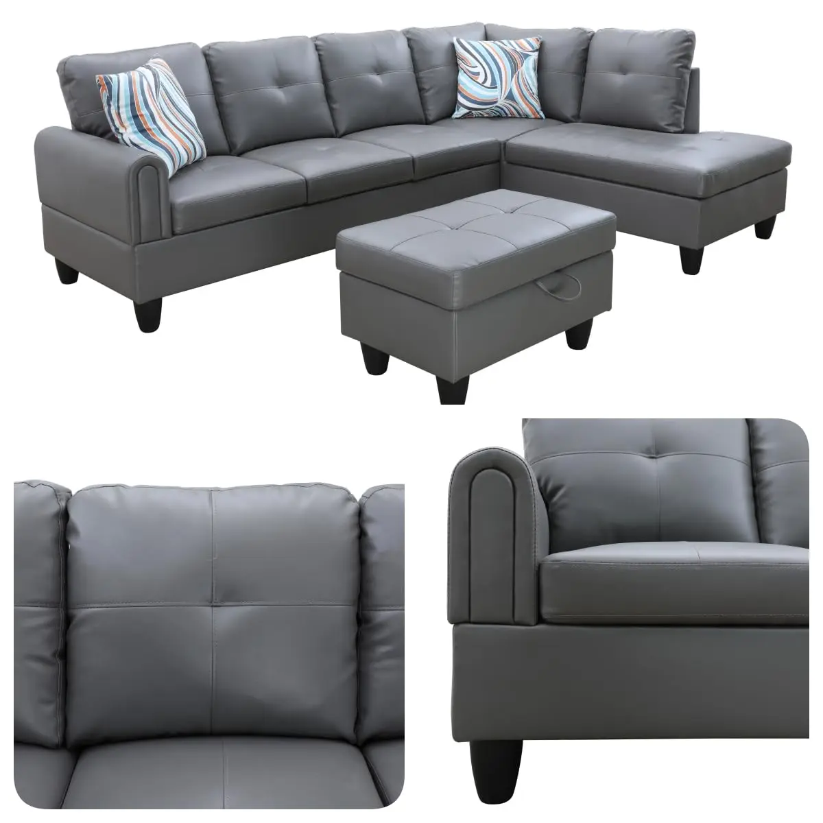 Topcomfy Leather L-Shaped Couch Set, 97.5" L x 69.5" W in Grey | Modular, Skin-Friendly, Durable - view 4
