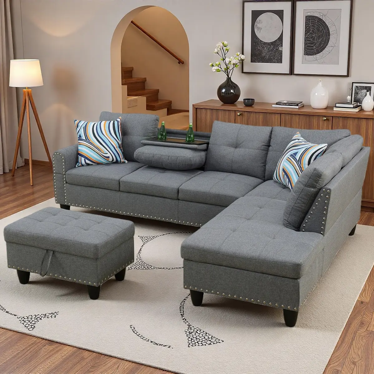 Topcomfy L-Shaped Couch Set, 97.5" L x 69.5" W Linen Grey | Modular Living Room Sofa - view 5