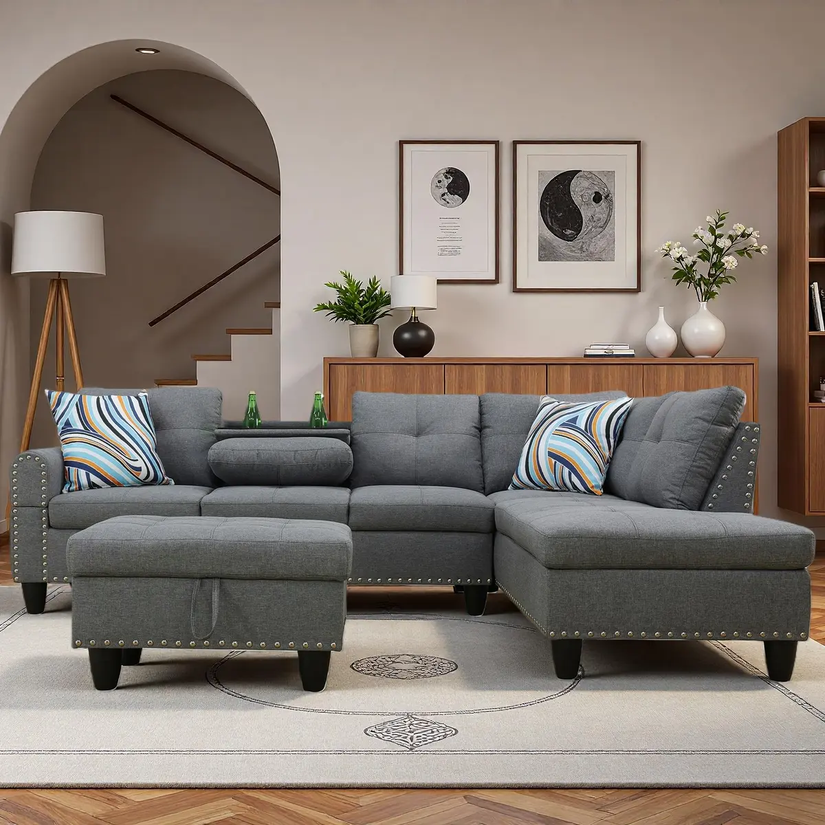 Topcomfy L-Shaped Couch Set, 97.5" L x 69.5" W Linen Grey | Modular Living Room Sofa - view 6