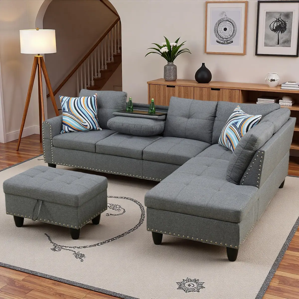 Topcomfy L-Shaped Couch Set, 97.5" L x 69.5" W Linen Grey | Modular Living Room Sofa - view 7