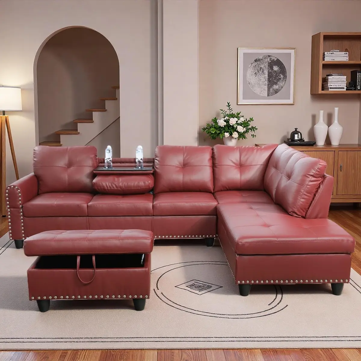 Topcomfy Leather L-Shaped Couch Set, 97.5" L x 69.5" W, Red | Modular Living Room Sofa with Storage - main product image