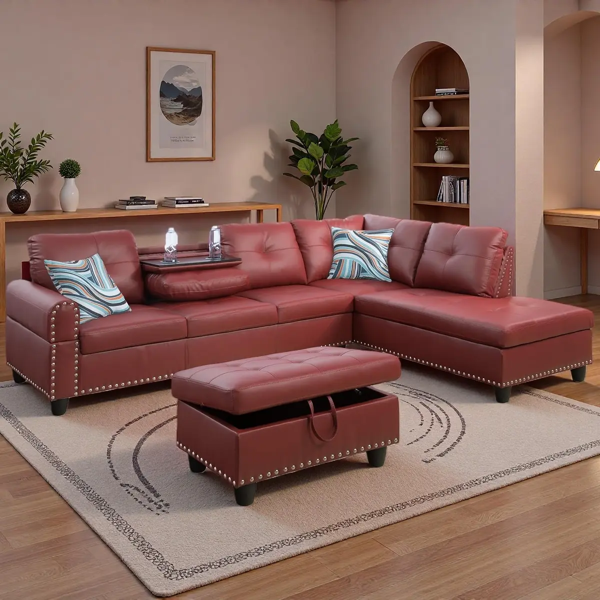 Topcomfy Leather L-Shaped Couch Set, 97.5" L x 69.5" W, Red | Modular Living Room Sofa with Storage - view 5