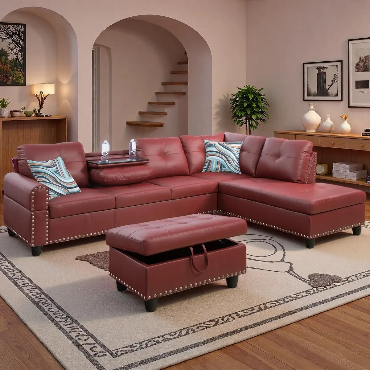 Topcomfy Leather L-Shaped Couch Set, 97.5" L x 69.5" W, Red | Modular Living Room Sofa with Storage - view 6