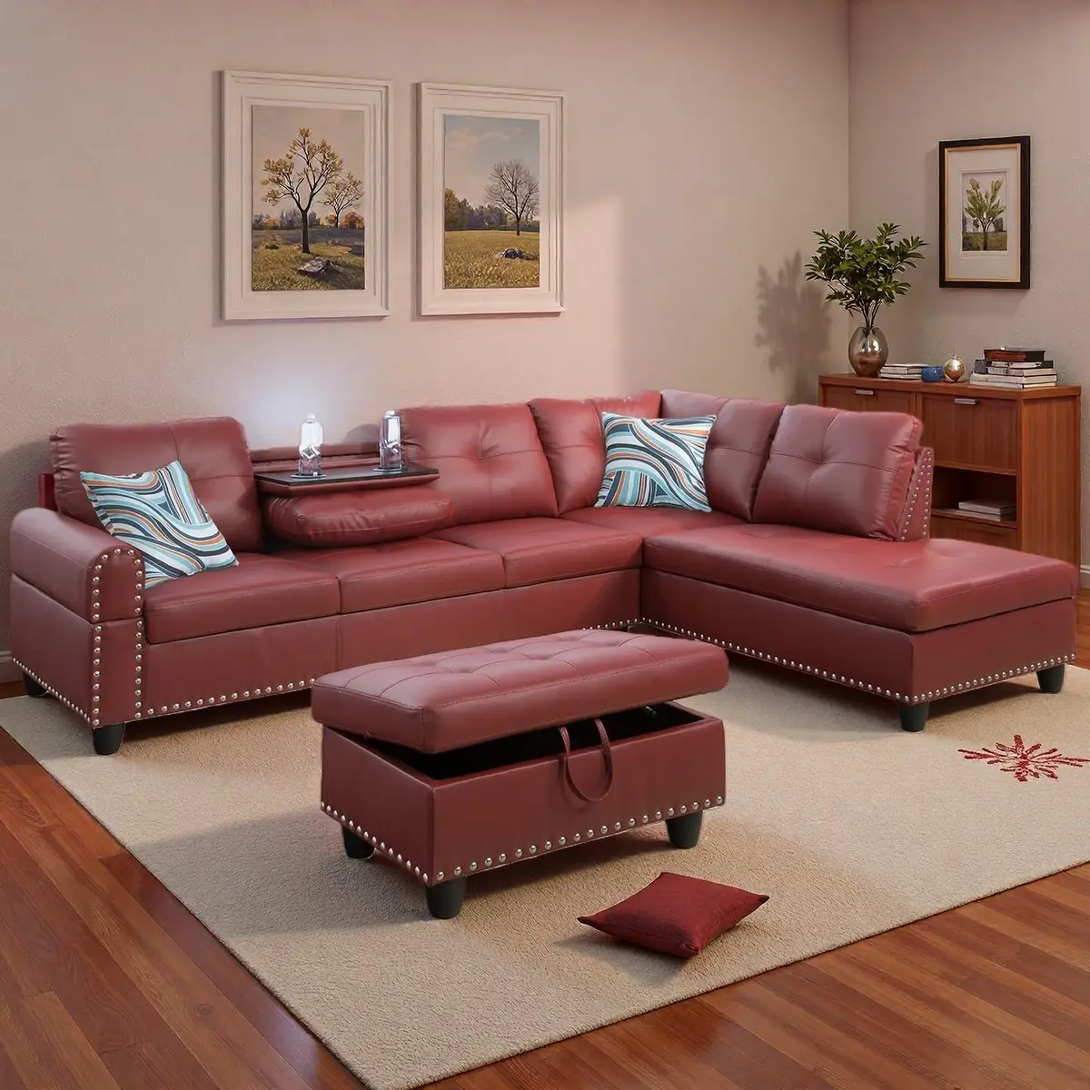 Topcomfy Leather L-Shaped Couch Set, 97.5" L x 69.5" W, Red | Modular Living Room Sofa with Storage - view 7