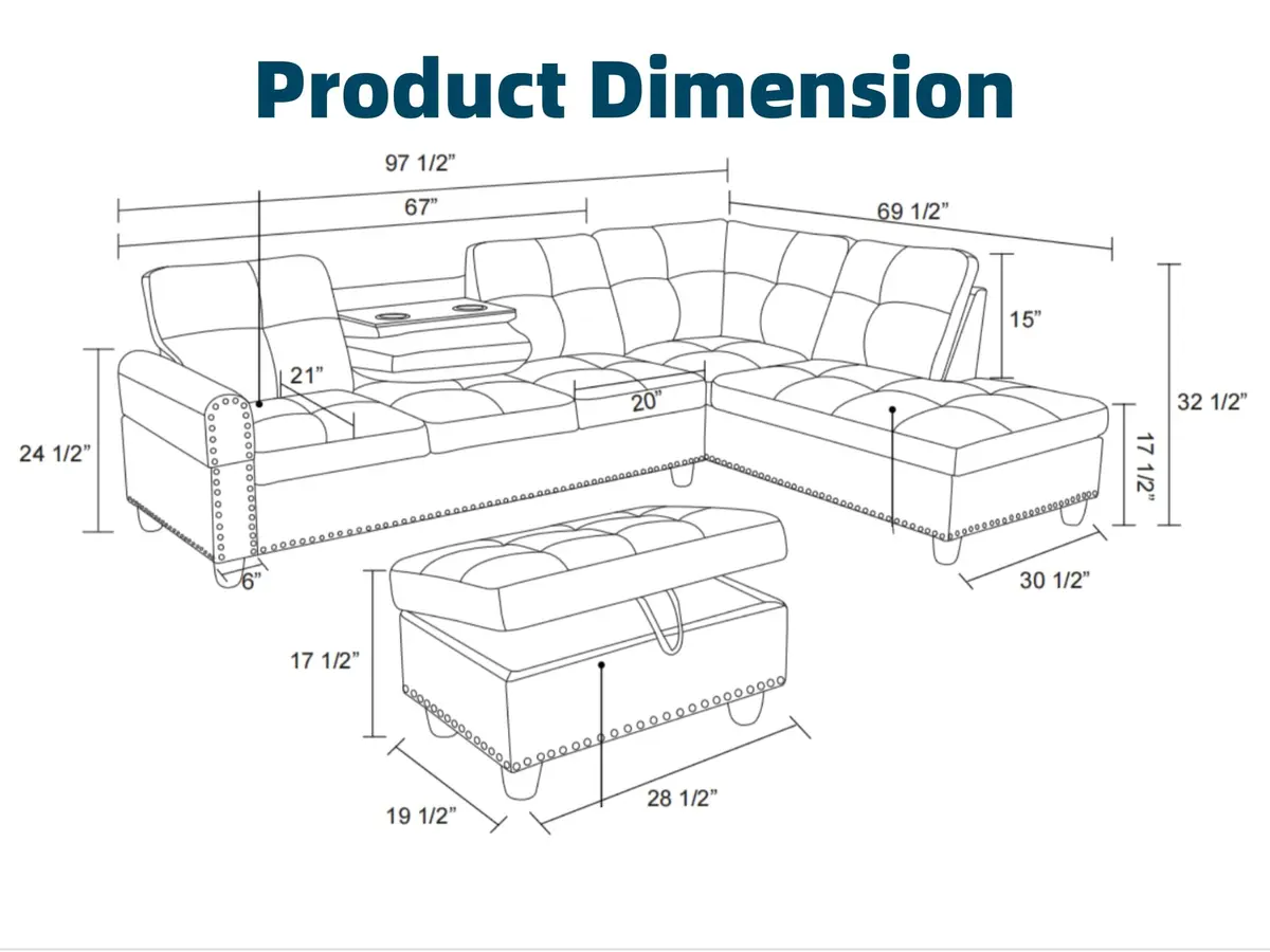 Topcomfy Leather L-Shaped Couch Set, 97.5" L x 69.5" W, Red | Modular Living Room Sofa with Storage - view 2