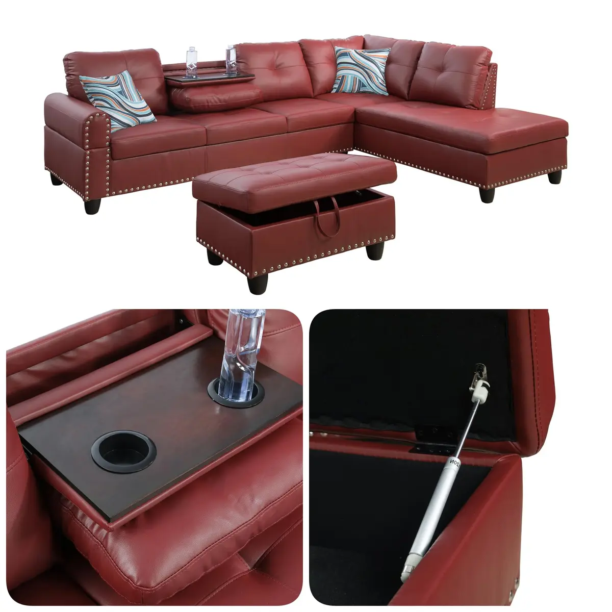 Topcomfy Leather L-Shaped Couch Set, 97.5" L x 69.5" W, Red | Modular Living Room Sofa with Storage - view 3
