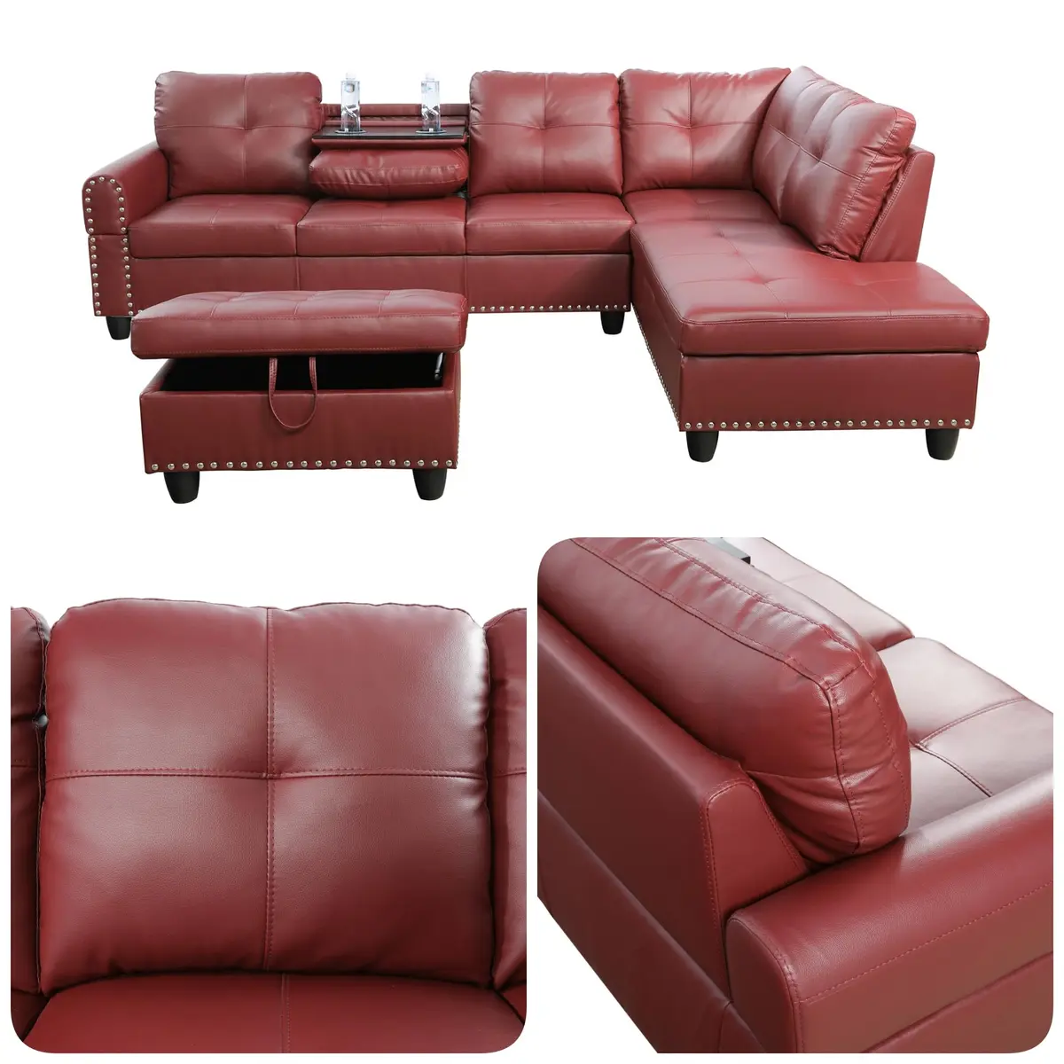 Topcomfy Leather L-Shaped Couch Set, 97.5" L x 69.5" W, Red | Modular Living Room Sofa with Storage - view 4