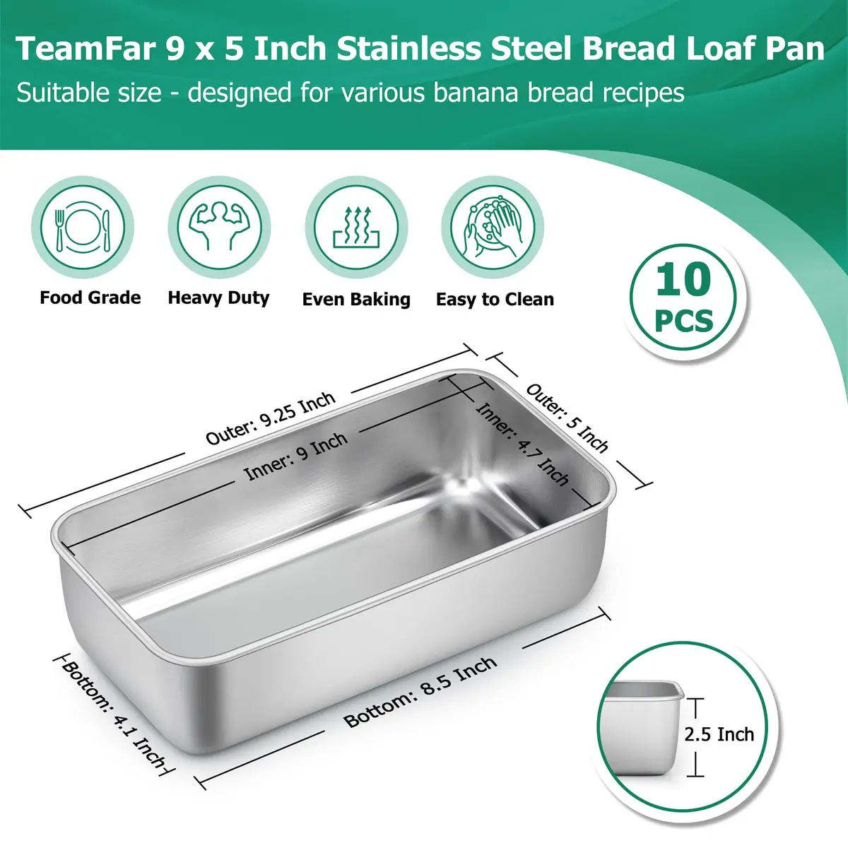 TeamFar Stainless Steel Loaf Pans for Baking, 9.25 x 5 Inch (23.5 x 12.7 cm) - Set of 10 | Healthy & Sturdy Baking Tins - view 2