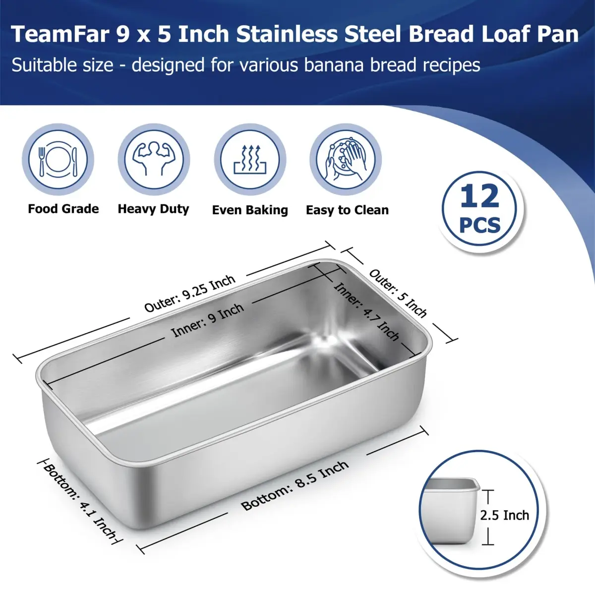 TeamFar Stainless Steel Loaf Pans for Baking, 9.25 x 5 Inch, Set of 12 | Healthy & Sturdy Baking Pans for Homemade Bread - view 2