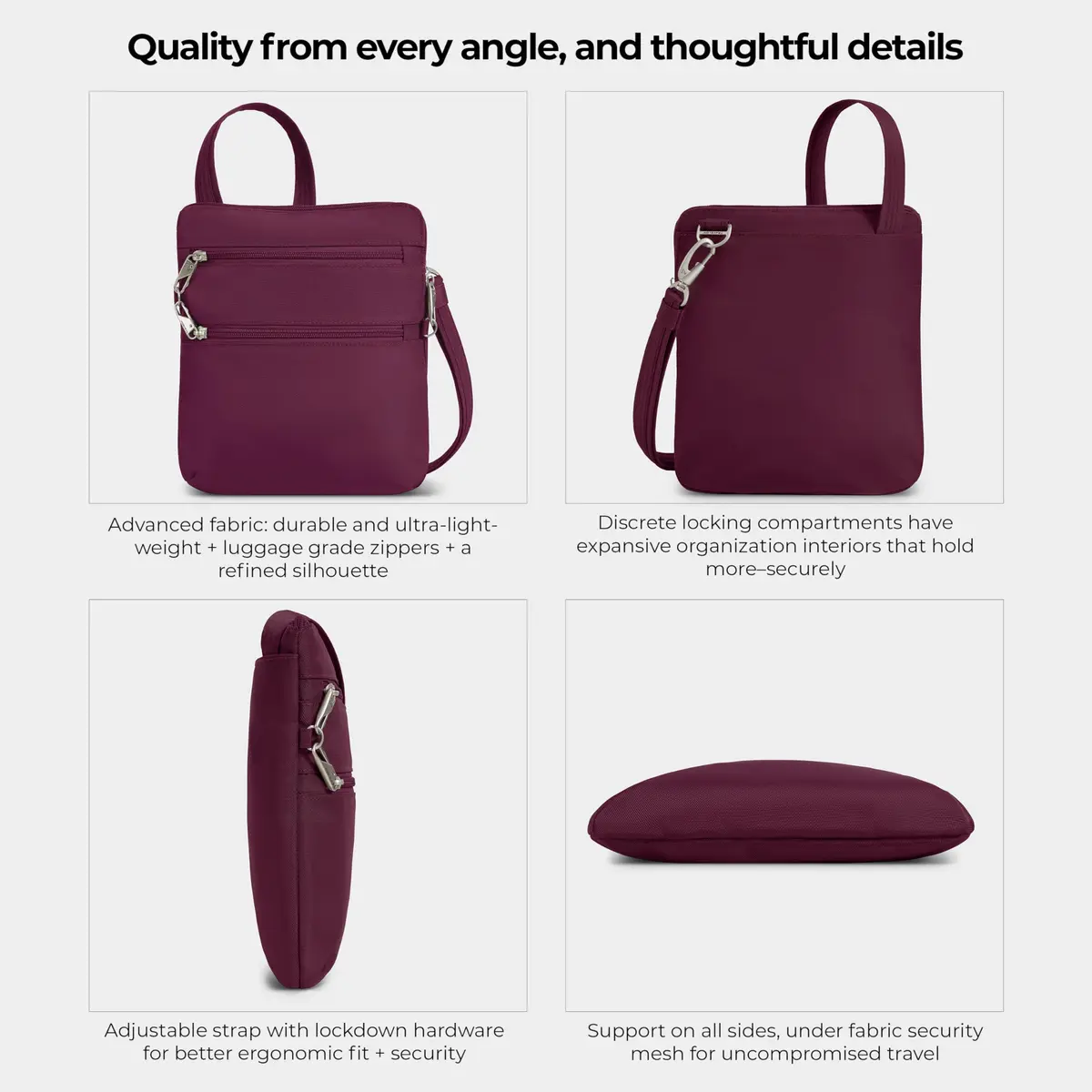 Travelon Anti-Theft Classic Slim Double Zip Crossbody | RFID Blocking, 9"W x 10.5"H x 1"D, Burgundy - view 5