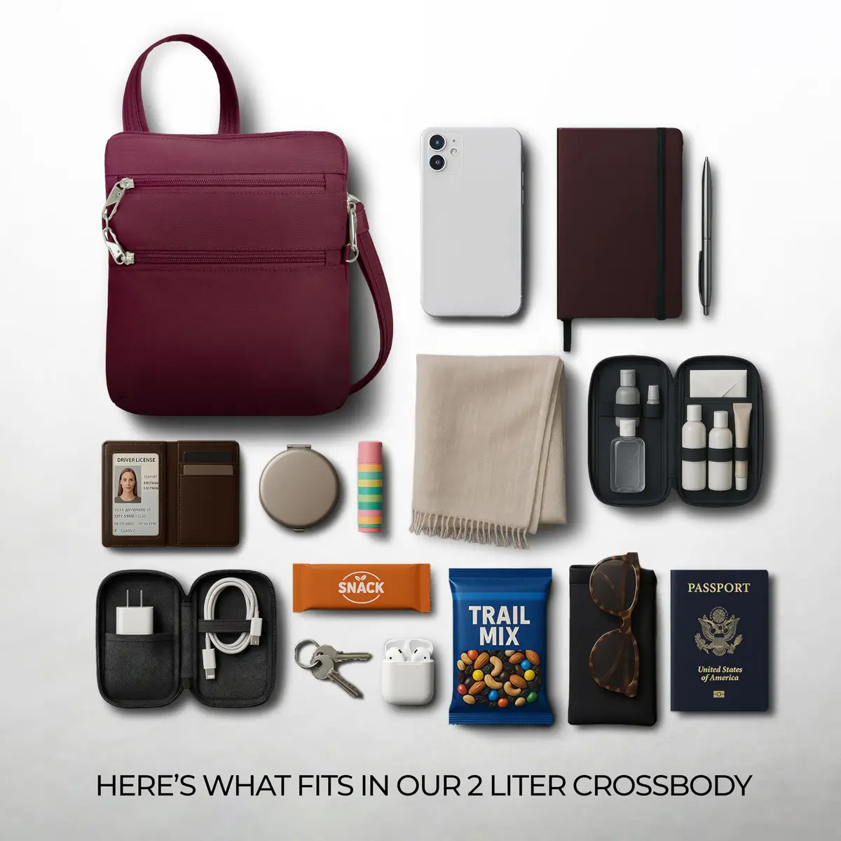 Travelon Anti-Theft Classic Slim Double Zip Crossbody | RFID Blocking, 9"W x 10.5"H x 1"D, Burgundy - view 6