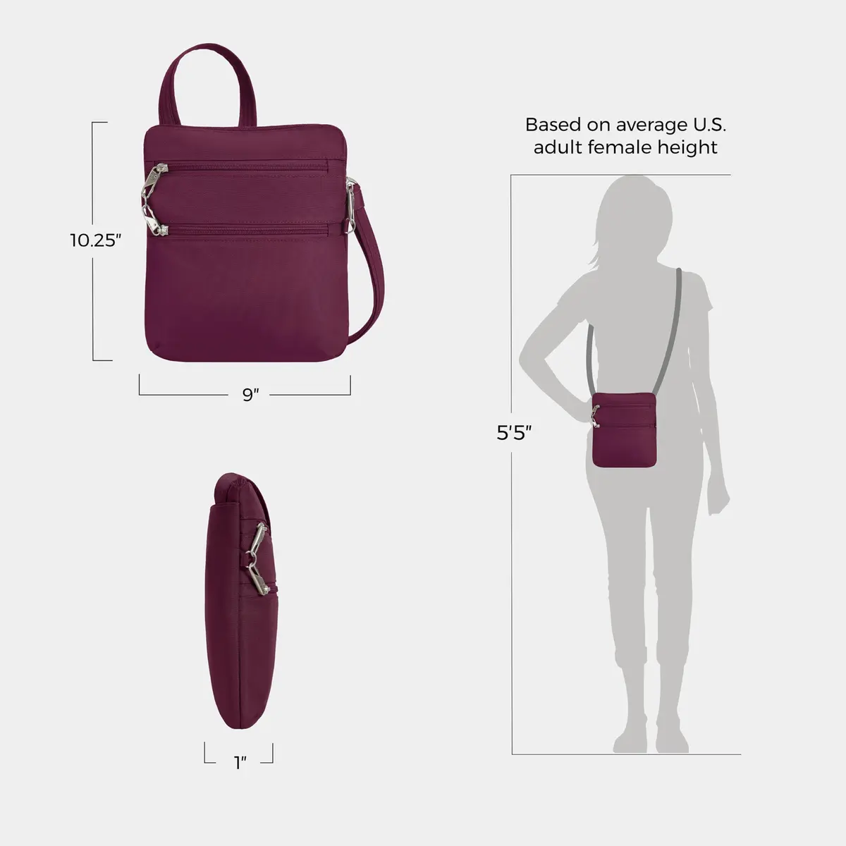 Travelon Anti-Theft Classic Slim Double Zip Crossbody | RFID Blocking, 9"W x 10.5"H x 1"D, Burgundy - view 4