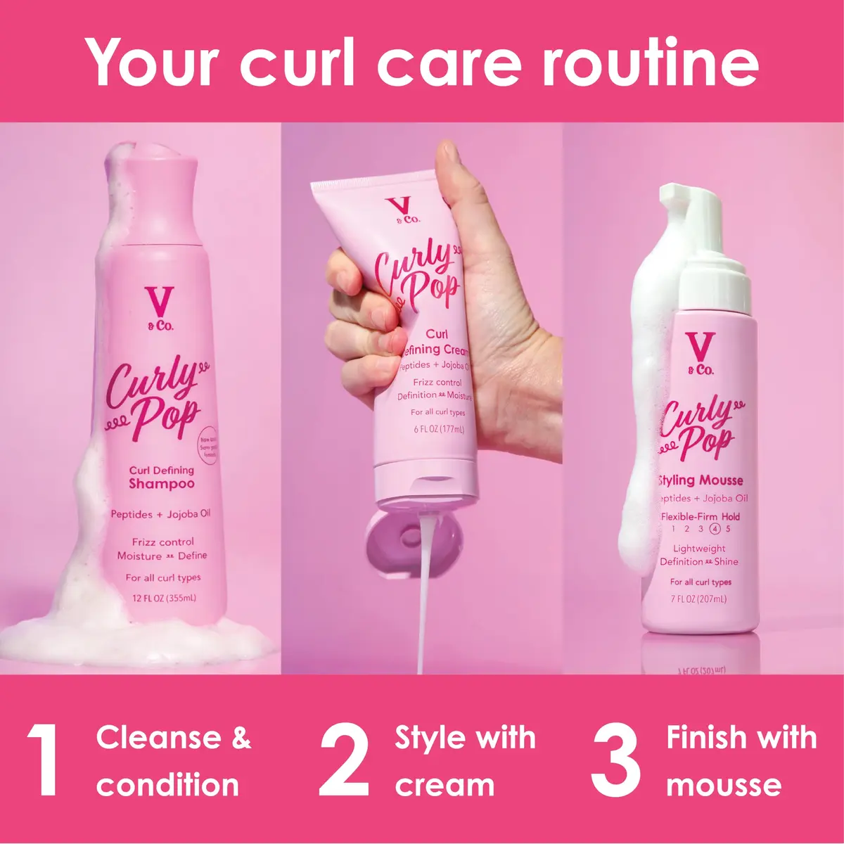 V&CO Curly Pop Curl Defining Mousse – Curl Mousse for Curly Hair, Moisturizing & Anti Frizz, 7 oz | Vegan, Cruelty-Free - view 3