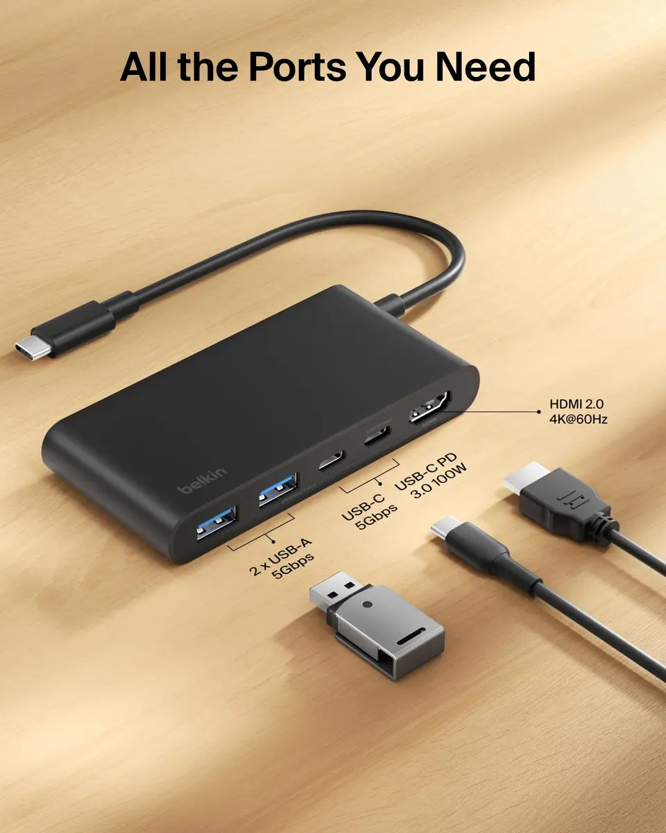 Belkin 5-Port USB-C Hub with 4K HDMI 2.0, 100W PD, 5Gbps Data | Connect & Power Your Devices - view 3