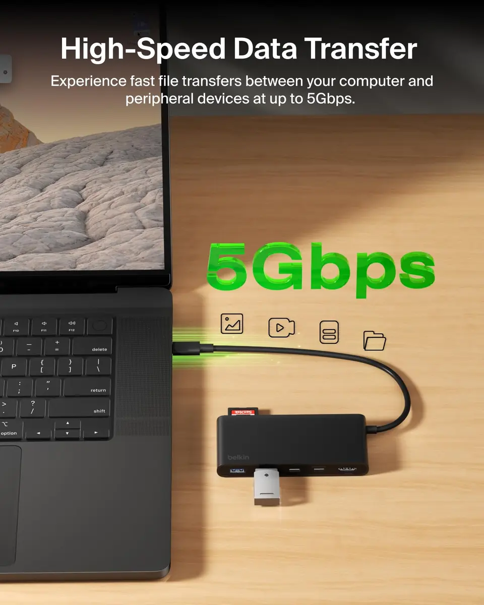 Belkin 7-Port USB-C Hub with 4K HDMI 100W PD, SD/MicroSD Card Readers, 5Gbps Data Transfer | 12.1cm x 5.1cm x 1.6cm - view 6