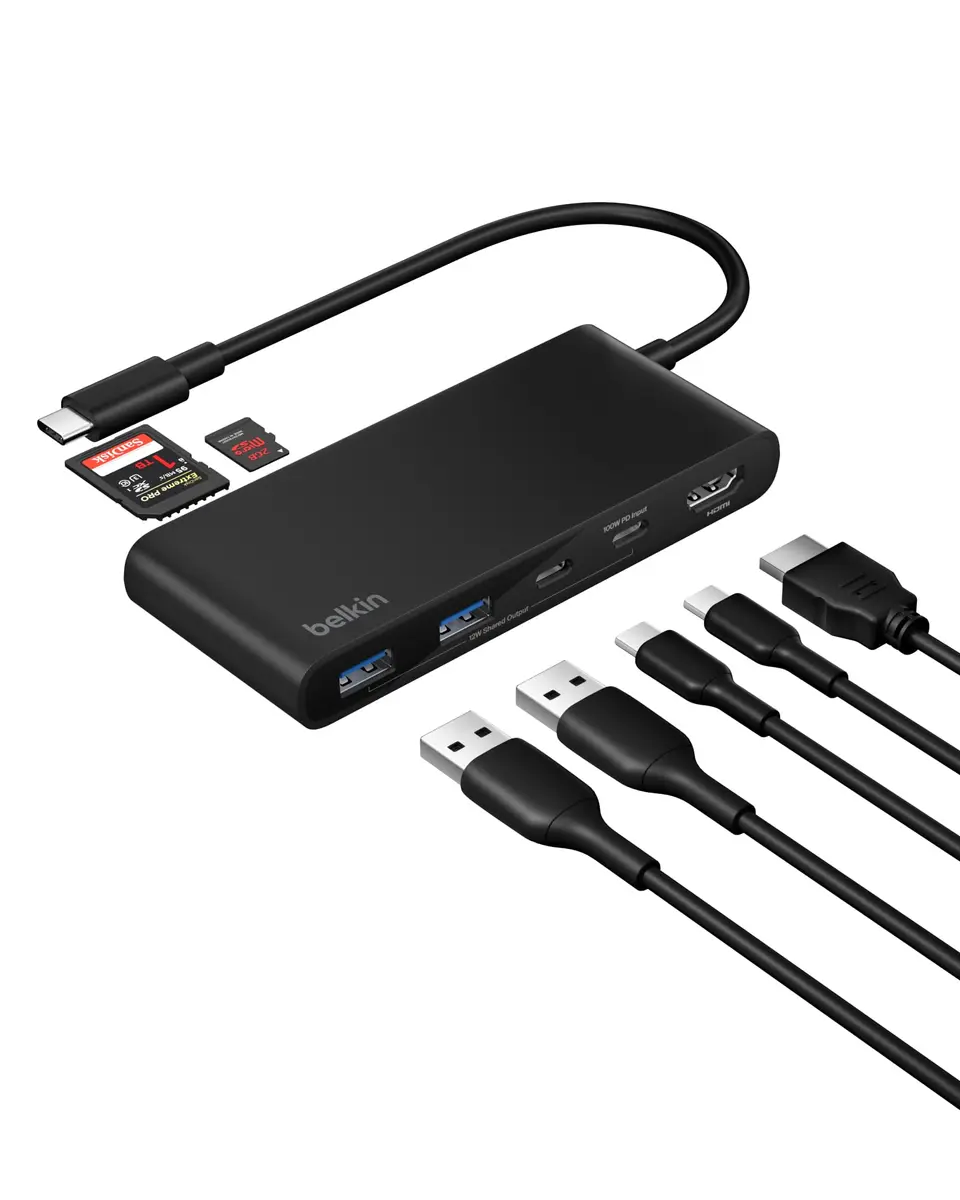 Belkin 7-Port USB-C Hub with 4K HDMI 100W PD, SD/MicroSD Card Readers, 5Gbps Data Transfer | 12.1cm x 5.1cm x 1.6cm - main product image