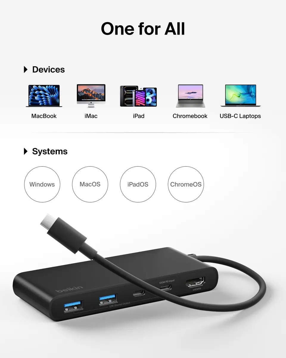 Belkin 7-Port USB-C Hub with 4K HDMI 100W PD, SD/MicroSD Card Readers, 5Gbps Data Transfer | 12.1cm x 5.1cm x 1.6cm - view 7