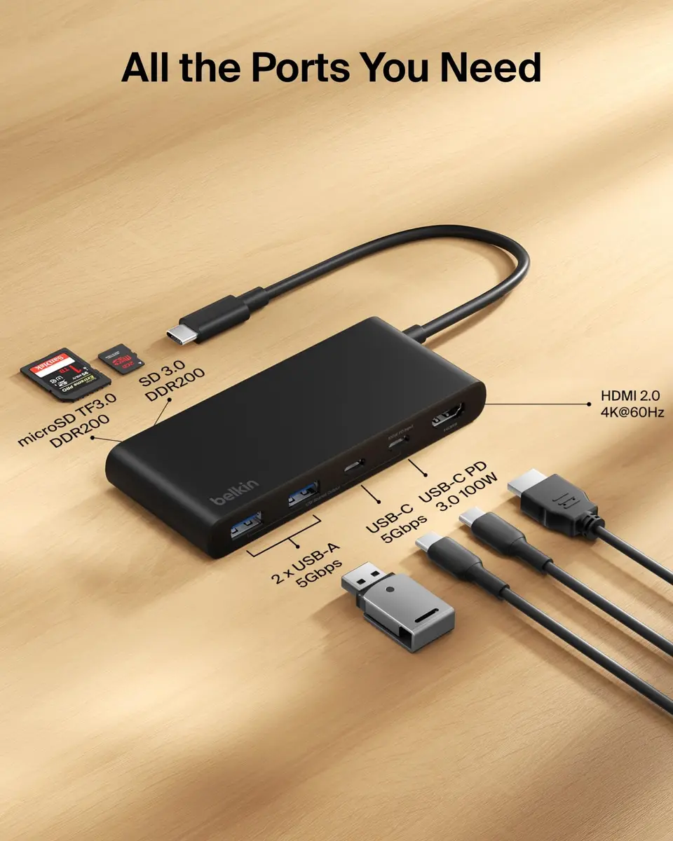 Belkin 7-Port USB-C Hub with 4K HDMI 100W PD, SD/MicroSD Card Readers, 5Gbps Data Transfer | 12.1cm x 5.1cm x 1.6cm - view 3