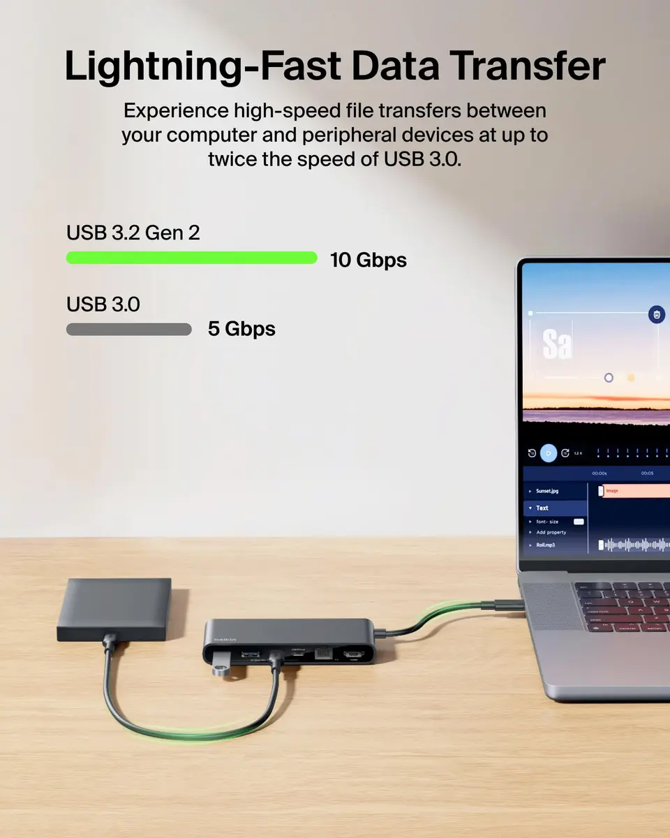 Belkin 8-Port USB-C Hub 10Gbps 4K@60Hz HDMI 100W PD 2.5Gb Ethernet Space Gray | For Laptops & Tablets - view 6