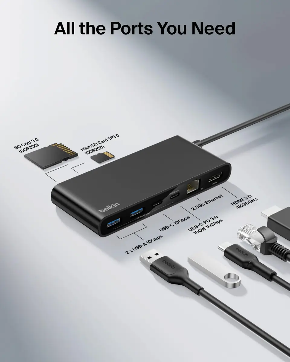 Belkin 8-Port USB-C Hub 10Gbps 4K@60Hz HDMI 100W PD 2.5Gb Ethernet Space Gray | For Laptops & Tablets - view 3