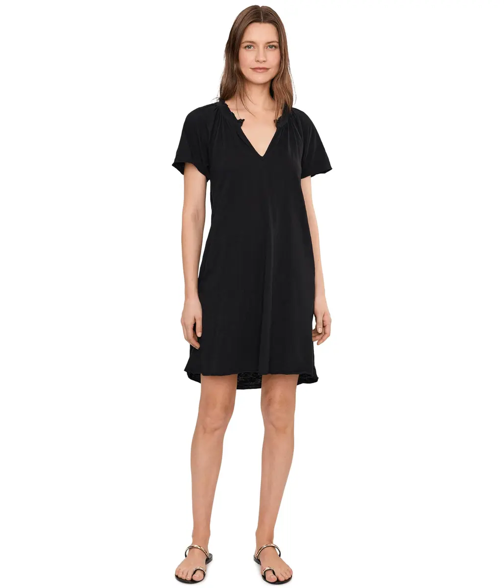 Mod-O-Doc Women's Short Sleeve Shirred Split-Neck Dress | 100% Cotton, Black, X-Small - main product image