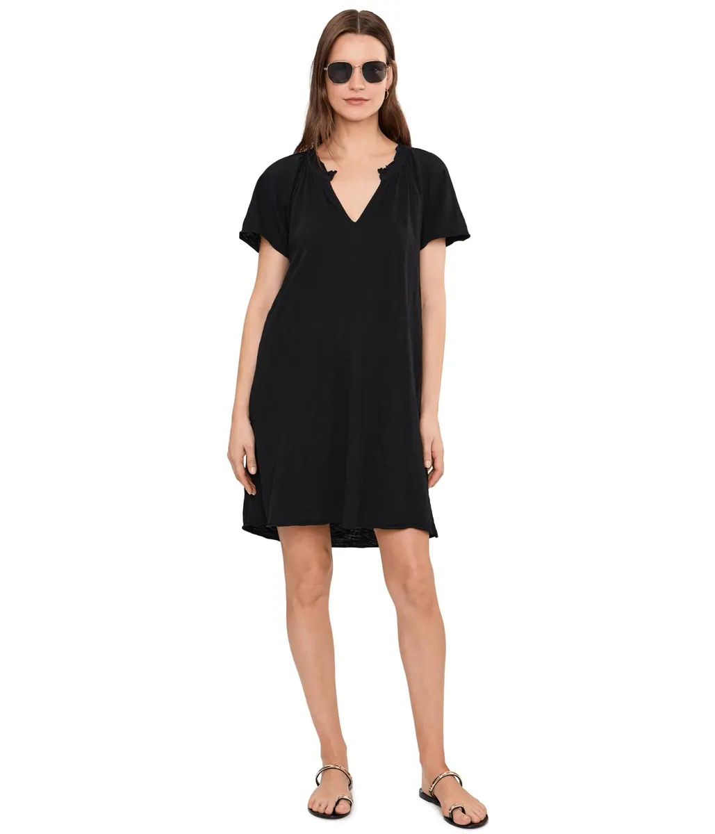 Mod-O-Doc Women's Short Sleeve Shirred Split-Neck Dress | 100% Cotton, Black, X-Small - view 2