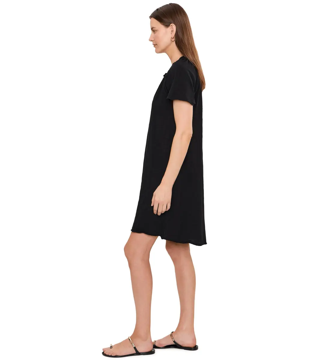 Mod-O-Doc Women's Short Sleeve Shirred Split-Neck Dress | 100% Cotton, Black, X-Small - view 3