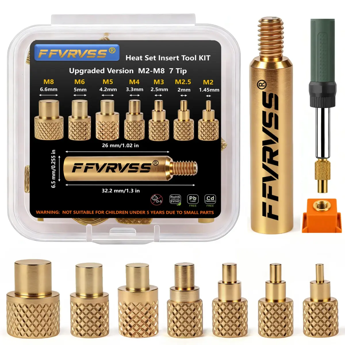 FFVRVSS Heat Set Insert Tool Kit with 7 Brass Tips & Adapter for M2-M8 Threads | Precision Brass Construction - main product image