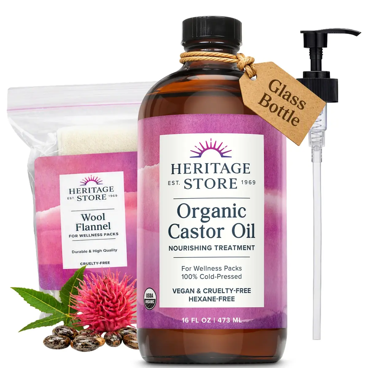 HERITAGE STORE USDA Organic Castor Oil with Pump & Wool Flannel Cloth 473ml (16 Fl Oz) | Cold-Pressed, Hexane-Free, Vegan - main product image