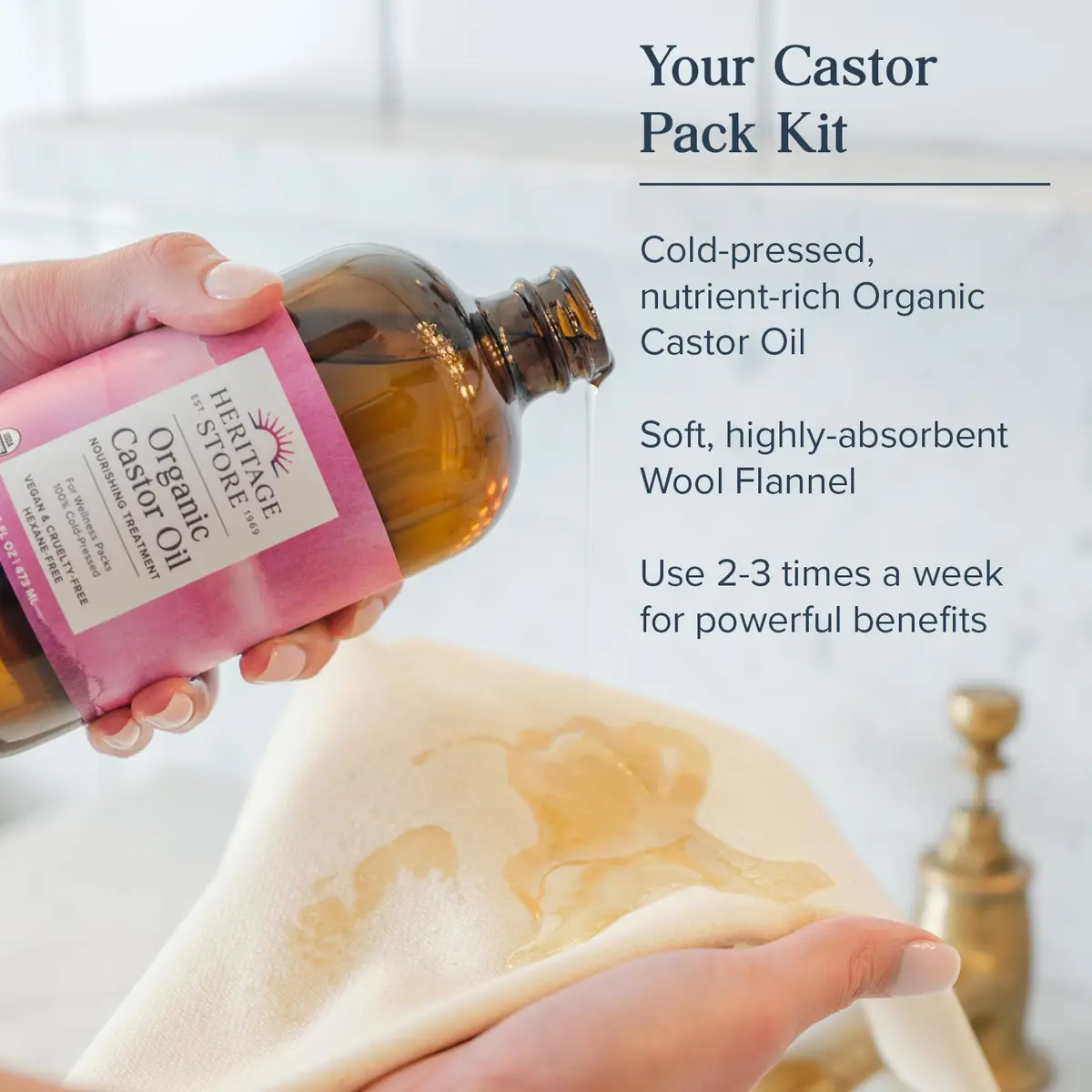 HERITAGE STORE USDA Organic Castor Oil with Pump & Wool Flannel Cloth 473ml (16 Fl Oz) | Cold-Pressed, Hexane-Free, Vegan - view 3