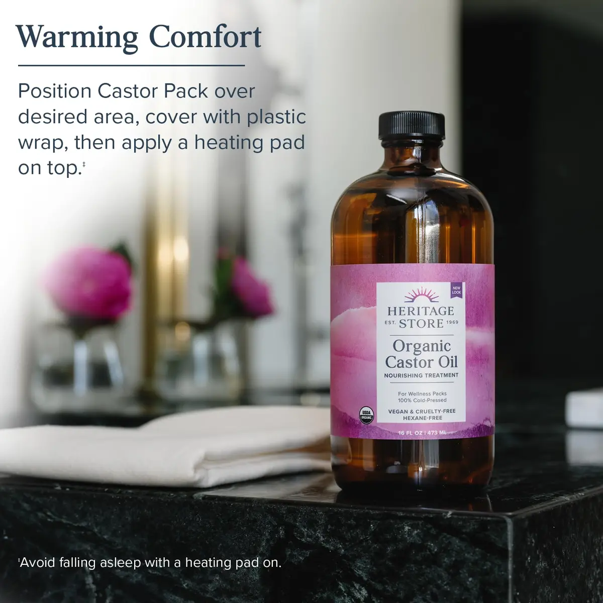 HERITAGE STORE USDA Organic Castor Oil with Pump & Wool Flannel Cloth 473ml (16 Fl Oz) | Cold-Pressed, Hexane-Free, Vegan - view 4