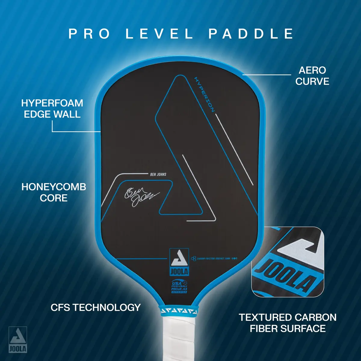 JOOLA Ben Johns Hyperion CFS 16mm Pickleball Paddle | Carbon Surface, Reactive Poly Core, Elongated Handle - view 5