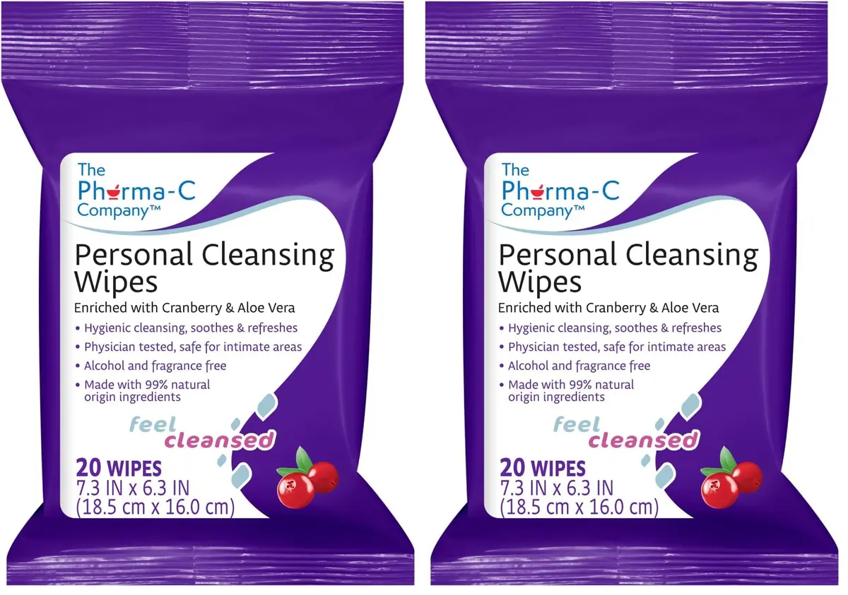 The Pharma-C Company Personal Cleansing Wipes 20 Wipes | Enriched with Cranberry & Aloe Vera, pH Balanced, Gentle & Flushable - main product image