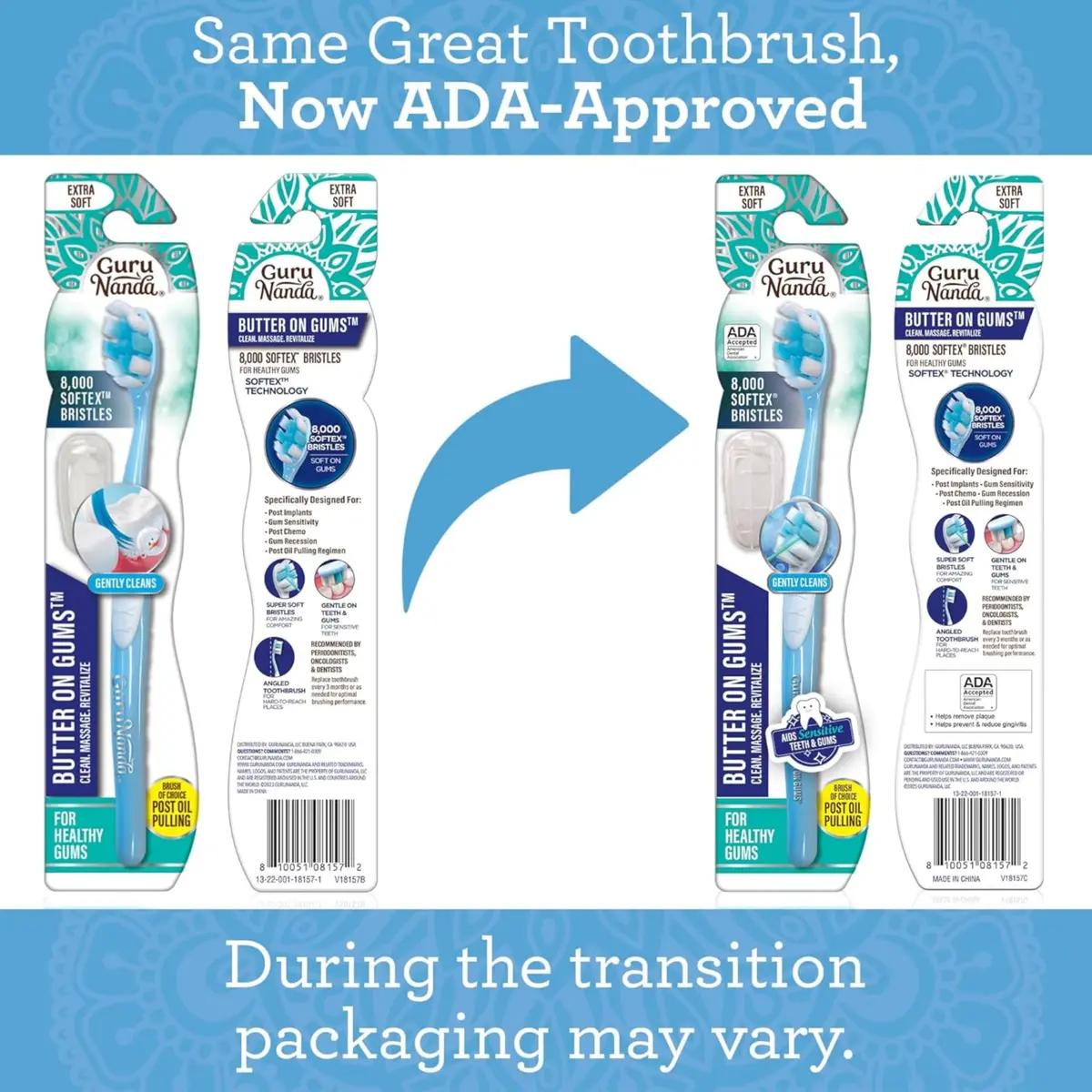 GuruNanda Butter On Gums Toothbrush Teal, Purple, Blue 25.4cm (9.4in) | ADA Accepted Ultra Soft Bristles for Sensitive Gums - view 2