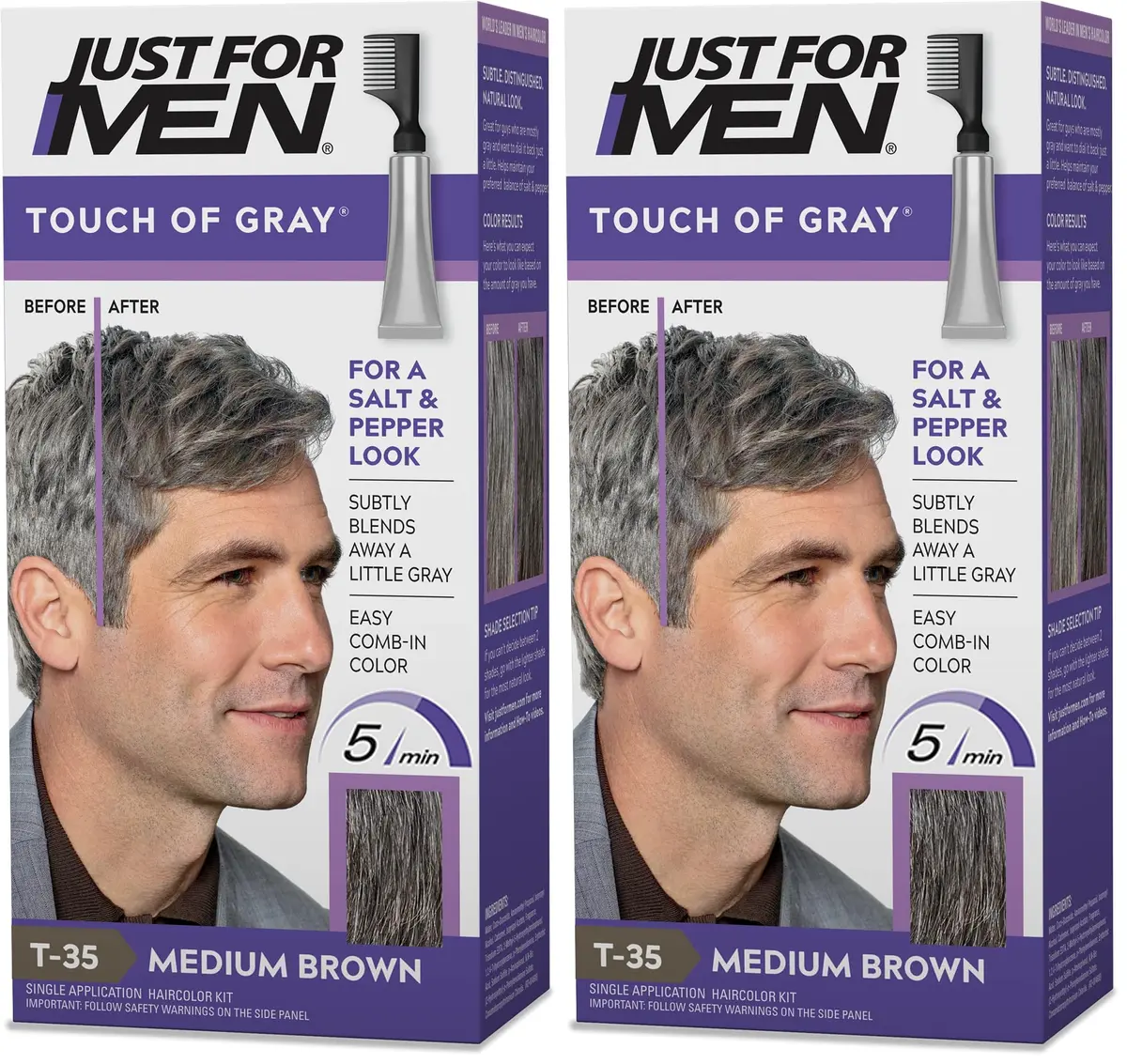 Just For Men Touch of Gray Hair Color Kit Medium Brown T-35 (Pack of 2) | Blends Gray for Salt and Pepper Look - main product image