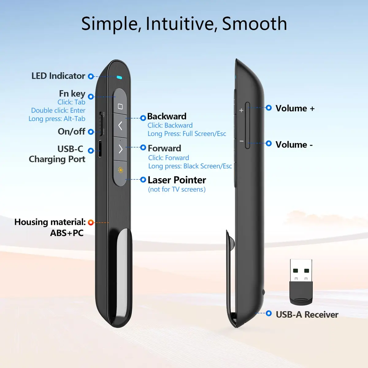 Norwii N76 Bluetooth Presentation Clicker with Green Pointer & USB-C Rechargeable Battery | 328ft Wireless Range - view 7