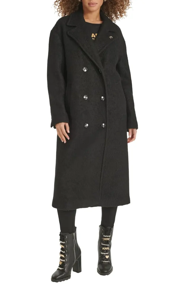 KARL LAGERFELD Paris Women's Classic Long Double Breasted Wool Peacoat Black, X-Small | Timeless Style & Warmth - main product image