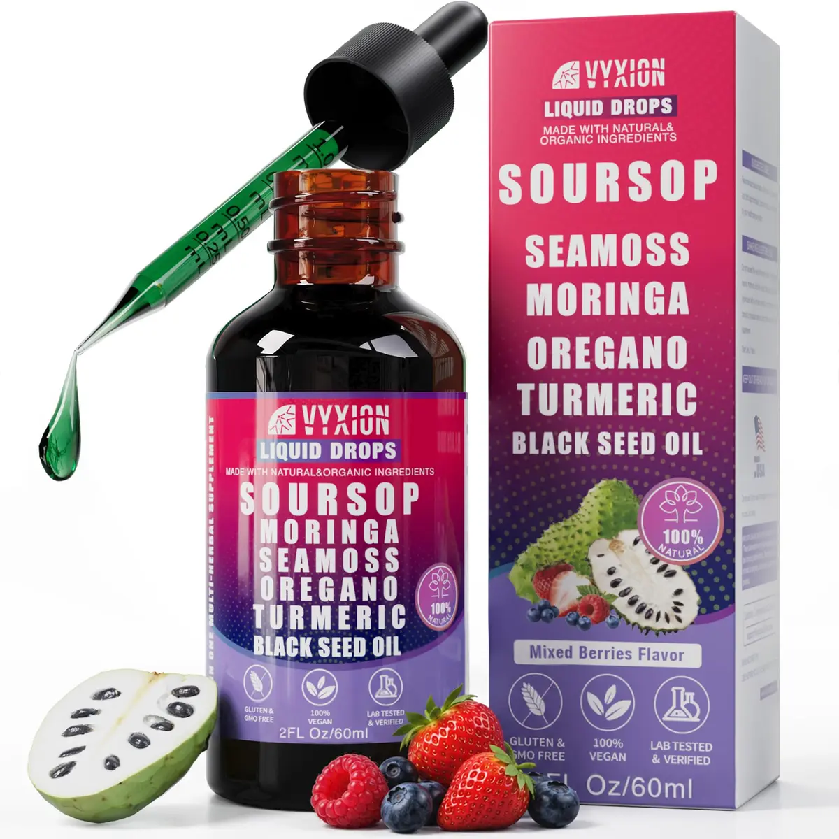 Vyxion Soursop Bitters Liquid Drops 2 Fl Oz | 10-in-1 Herbal Extracts for Overall Wellness - main product image