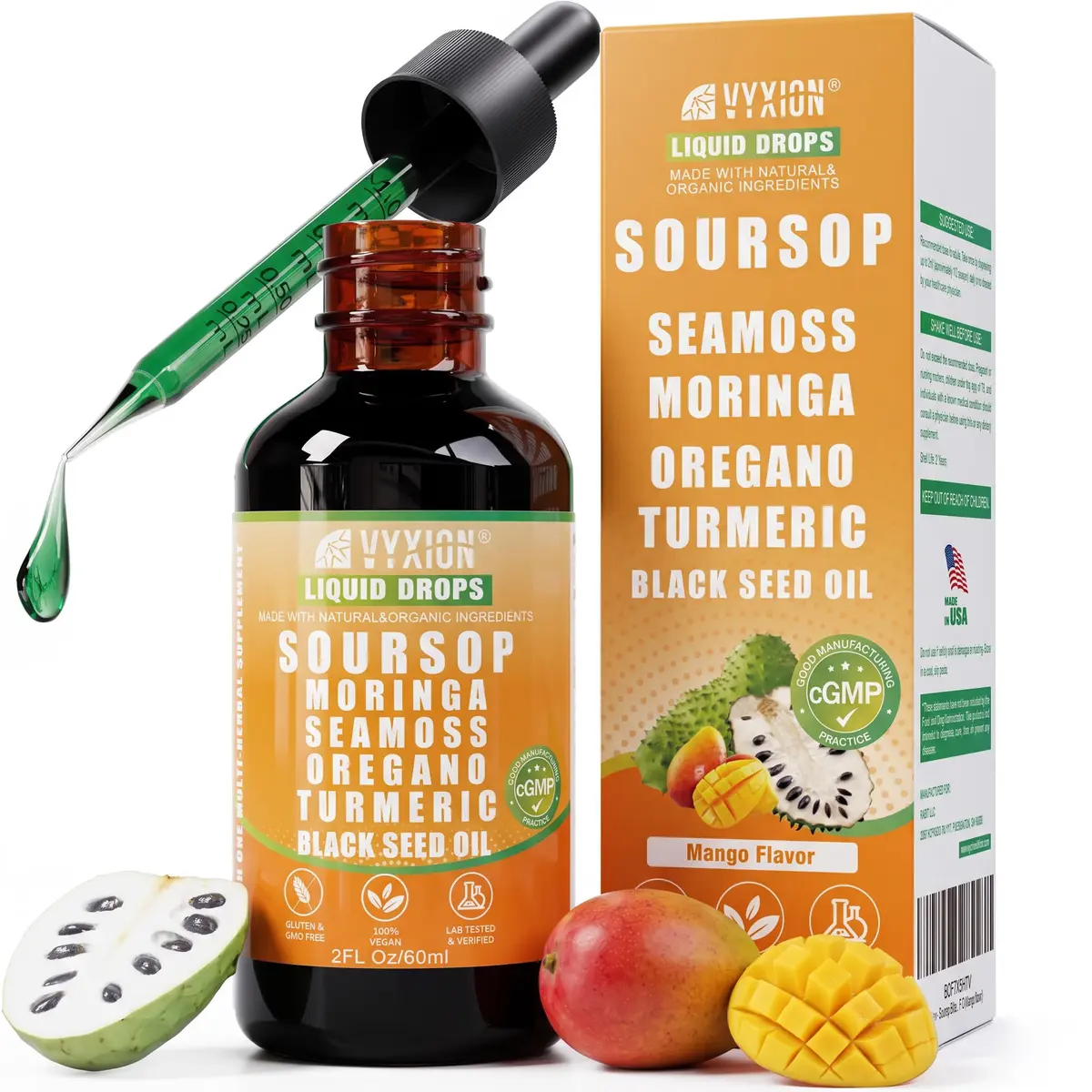 Vyxion Soursop Bitters Liquid Drops 2 Fl Oz Mango | 10-in-1 Herbal Extracts for Overall Wellness - main product image