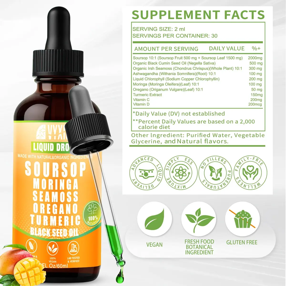 Vyxion Soursop Bitters Liquid Drops 2 Fl Oz Mango | 10-in-1 Herbal Extracts for Overall Wellness - view 7