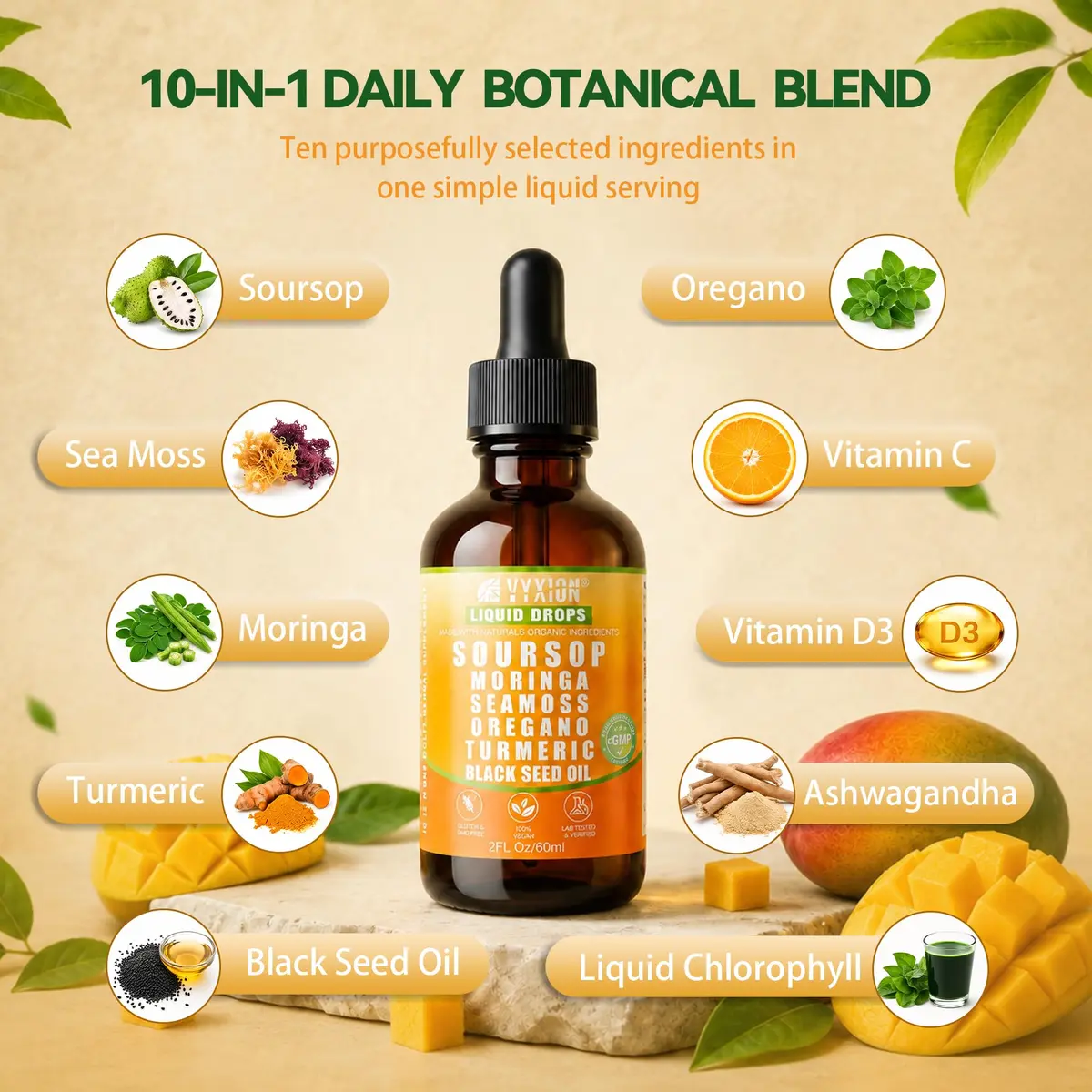 Vyxion Soursop Bitters Liquid Drops 2 Fl Oz Mango | 10-in-1 Herbal Extracts for Overall Wellness - view 2