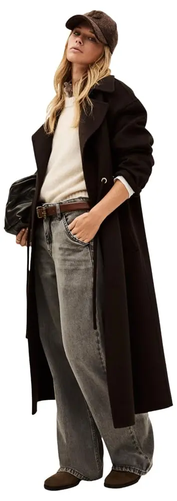 ba&sh Kate Coat, Chocolat, Size 3 | Long Wool Blend Coat with Tie Belt (70-120 chars) - main product image