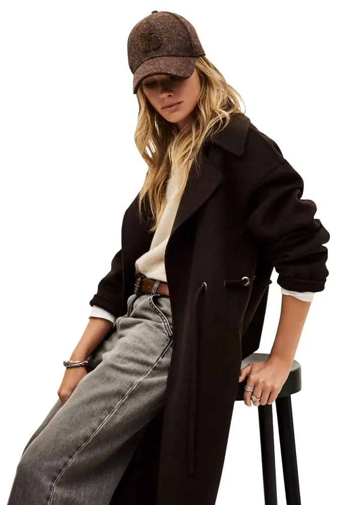 ba&sh Kate Coat, Chocolat, Size 3 | Long Wool Blend Coat with Tie Belt (70-120 chars) - view 4