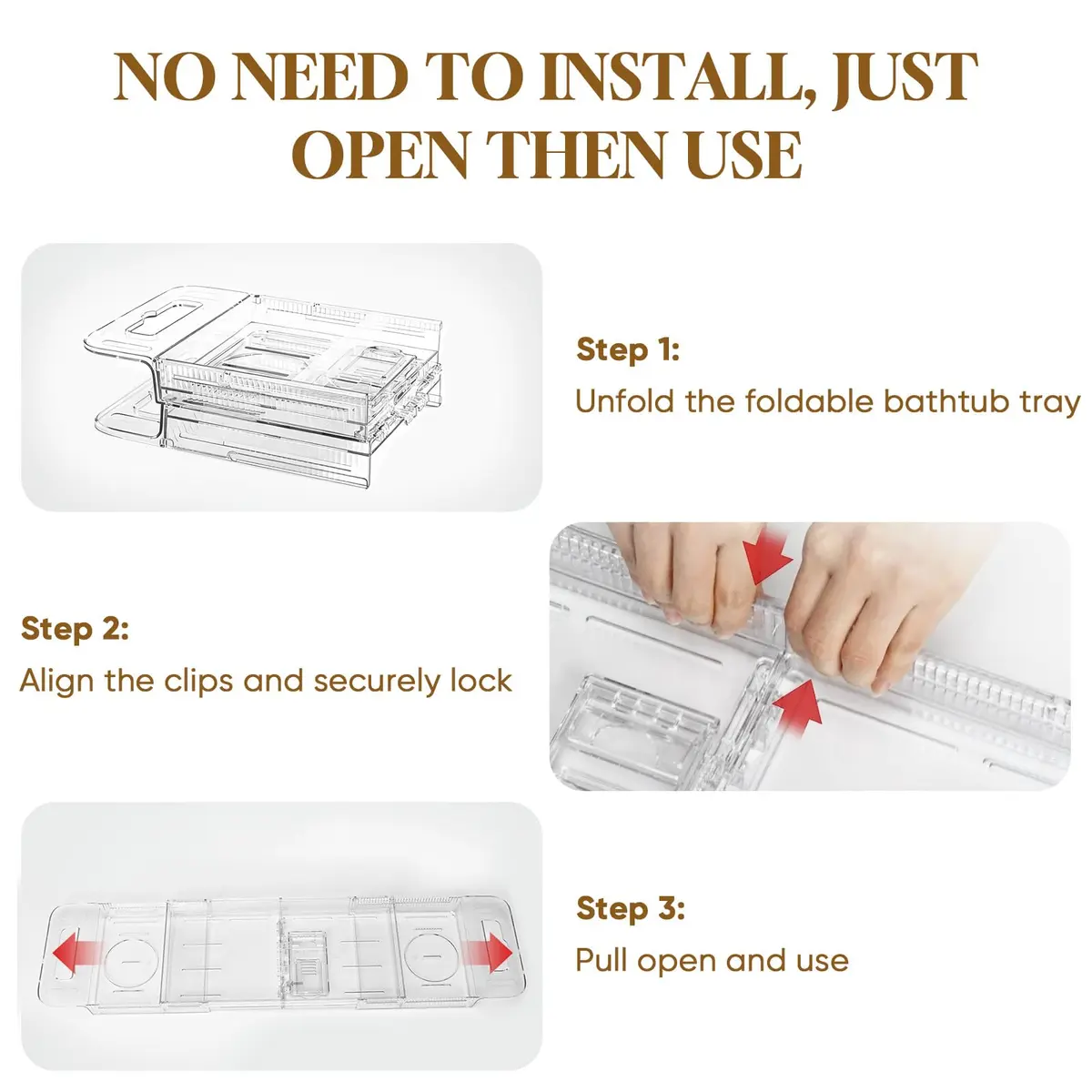 onannos Expandable Clear Acrylic Bathtub Tray Caddy | Foldable Tub Bath Shelf with Drain Slots, Slip-Resistant Waterproof Bathroom Accessory (20-32") - view 5