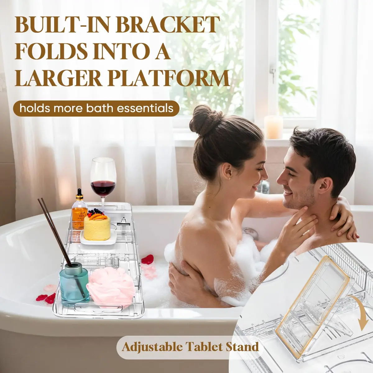 onannos Expandable Clear Acrylic Bathtub Tray Caddy | Foldable Tub Bath Shelf with Drain Slots, Slip-Resistant Waterproof Bathroom Accessory (20-32") - view 6